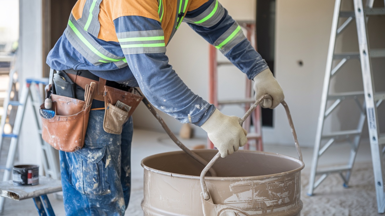 Worker in gloves and paint-stained pants works with 55-gallon drum