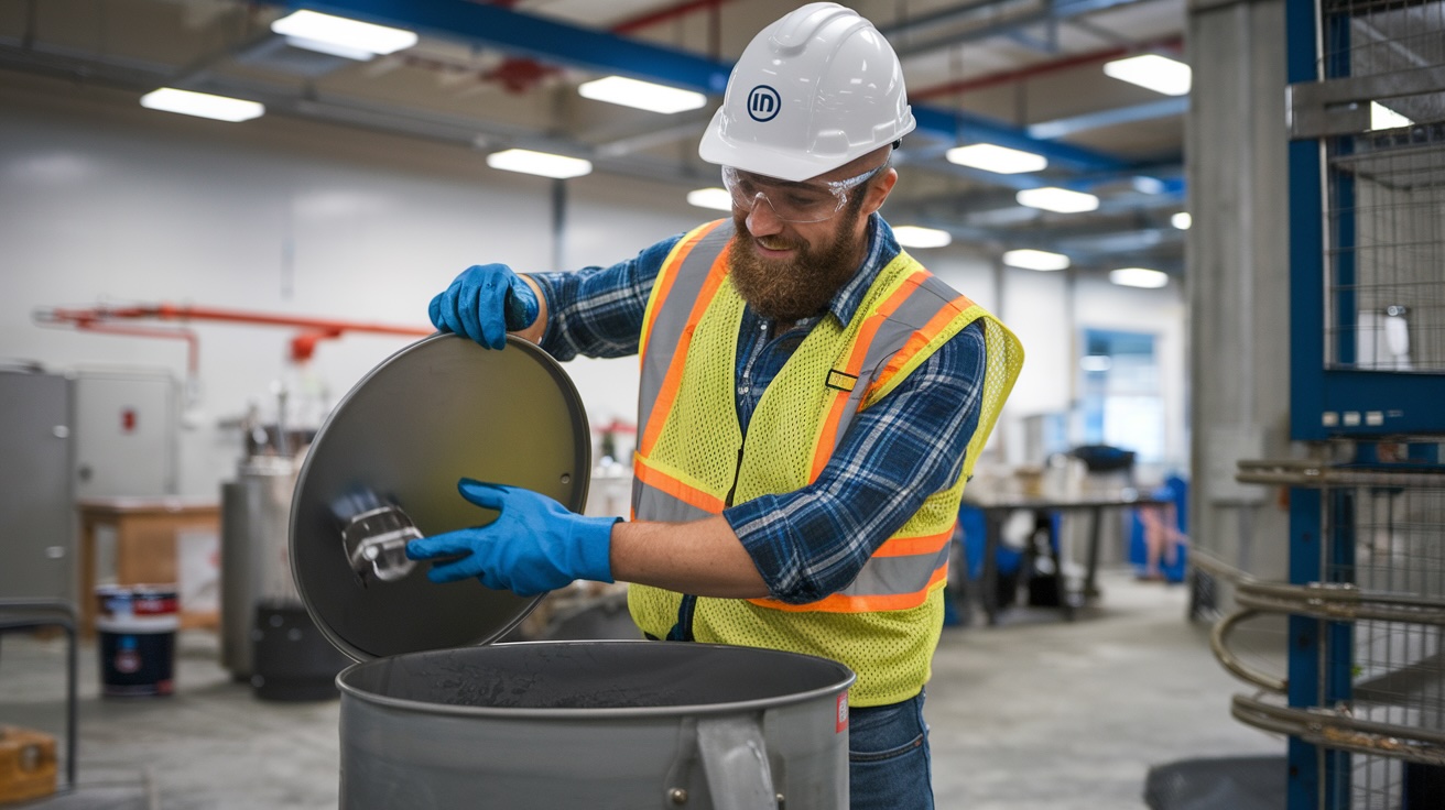 Warehouse worker opens a 55-gallon drum